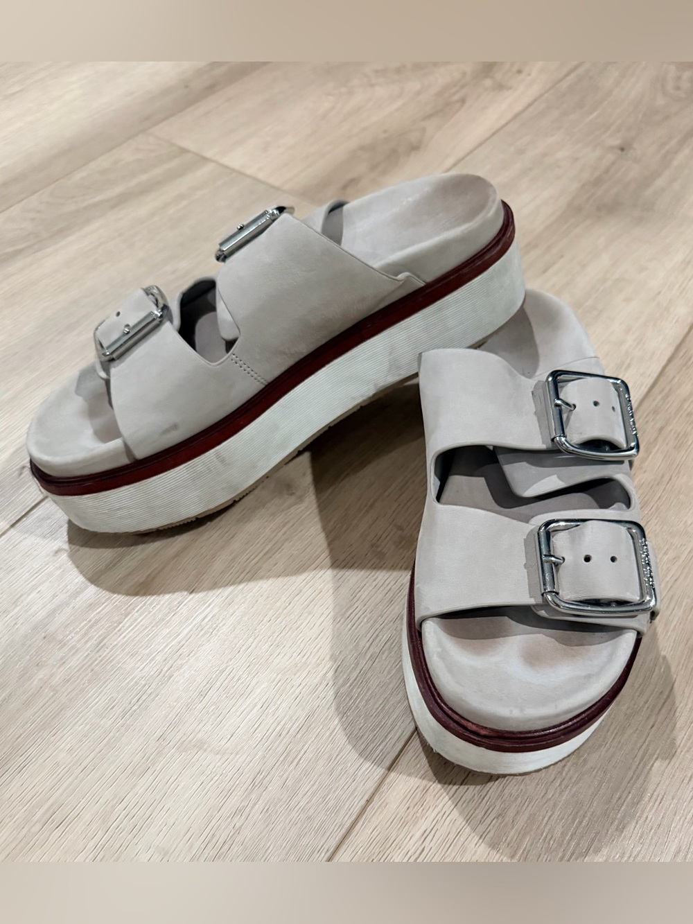 J Slides Double Buckle Sandals in Light Gray